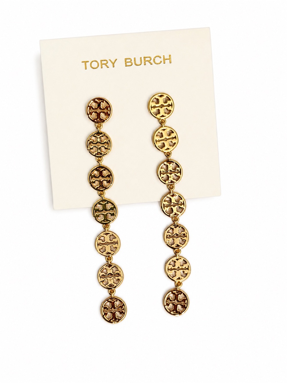 Tory Burch Miller Gold Tone Long Linear Double T Logo Drop Earrings Medallions